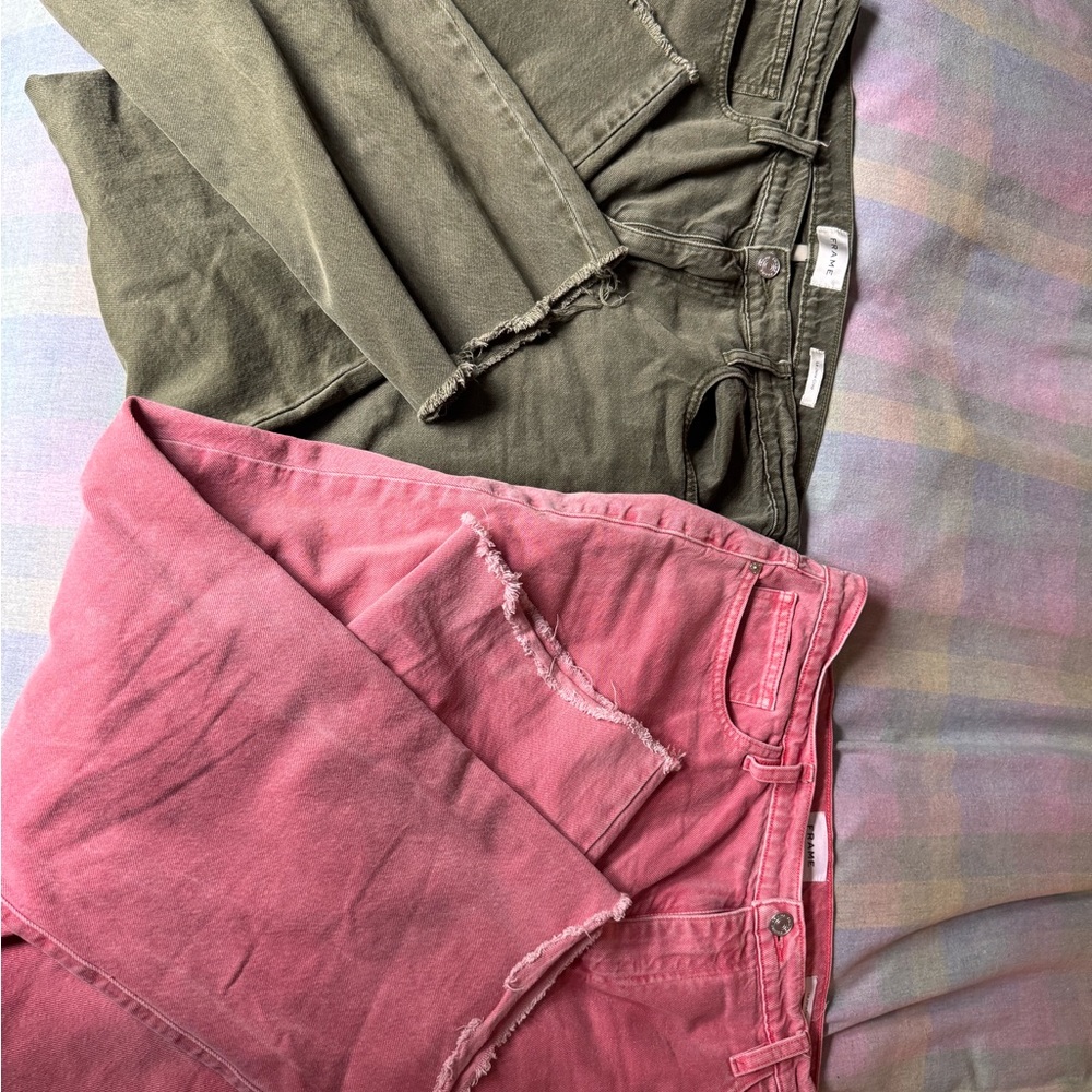Two Frame Denim Le Jane Pink (coral?) and Olive Jeans with Frayed Hems